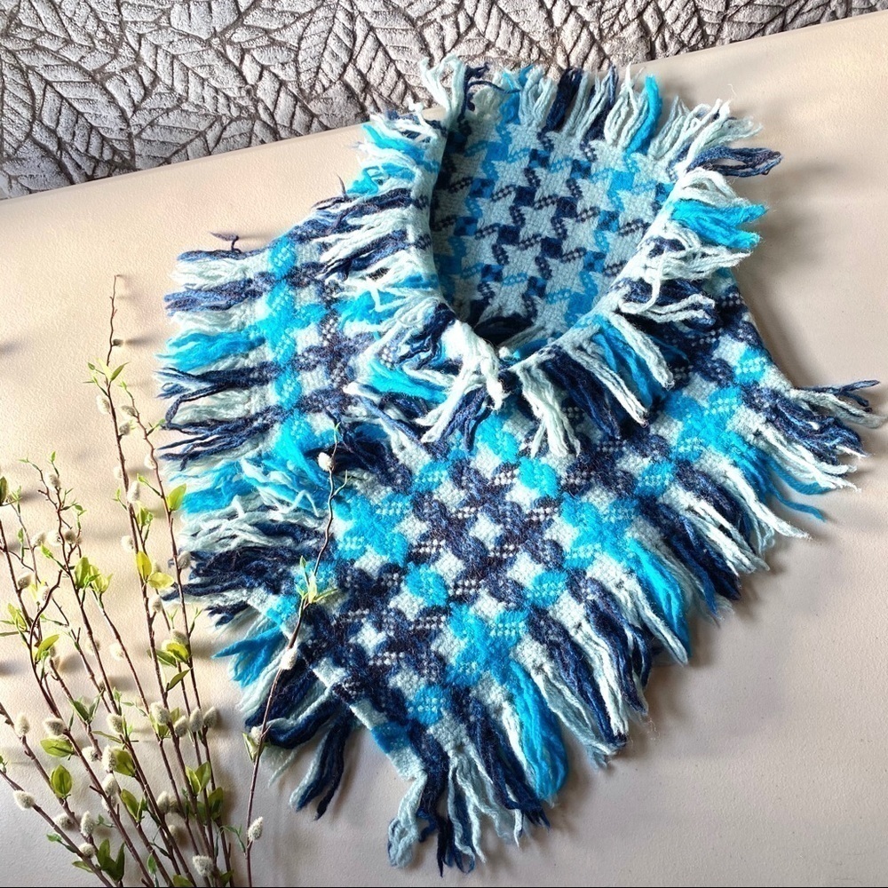 Chunky plaid WOOL cross over fringe boho scarf/wrap w cottage/equestrian vibe
